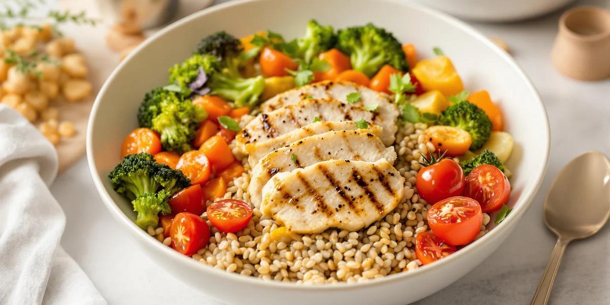 Kasza gryczana z grillowanym kurczakiem i warzywami