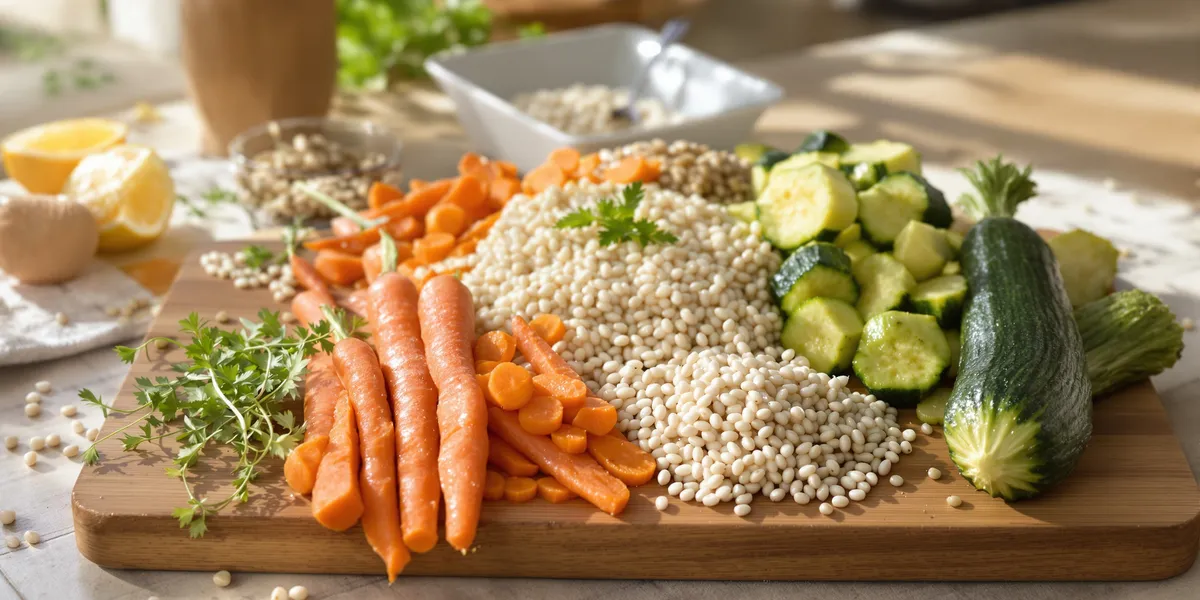 Kasza, marchewka i cukinia na desce