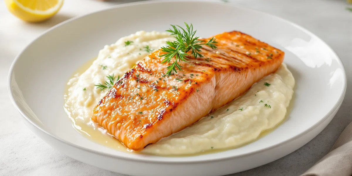 ketogeniczny łosoś w sosie śmietanowo-koperkowym z purée z kalafiora