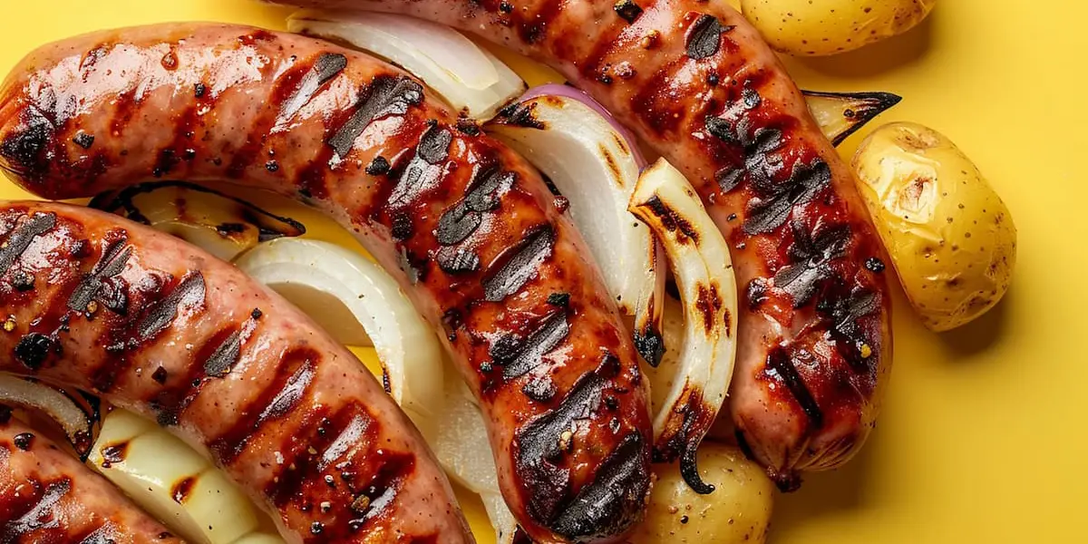 grillowana kiełbasa z cebulką w piórkach i młodymi ziemniaczkami