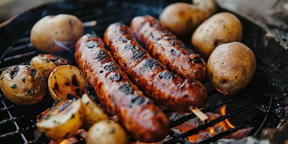 kiełbasa na grillu z ziemniakami w mundurkach