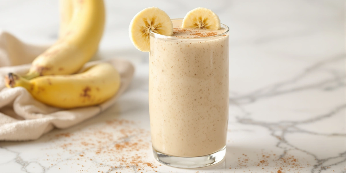 koktajl z banana, mleka ryżowego i łyżki masła orzechowego