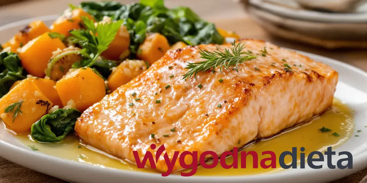 pieczony na patelce łosoś z batatami i warzywami