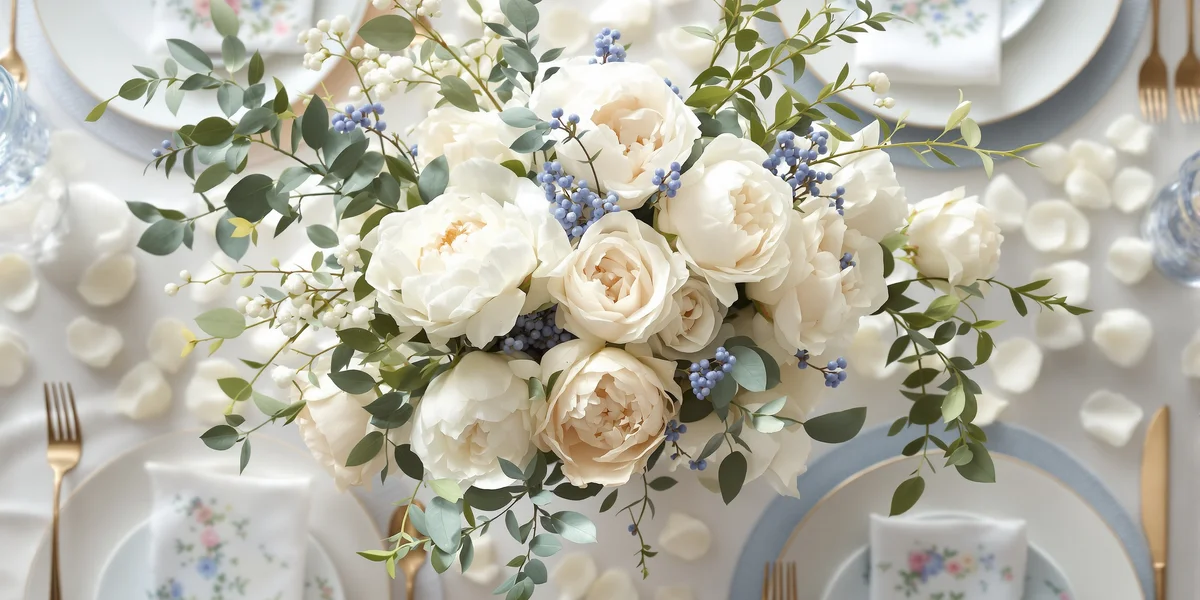 widok na bukiet kwiatów z góry, który jest ułożony na komunijnym stole