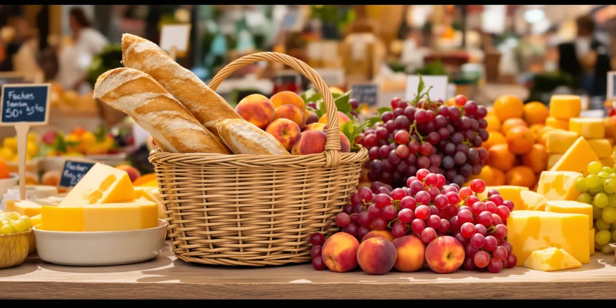 Kosz z bagietkami, winogrona i ser