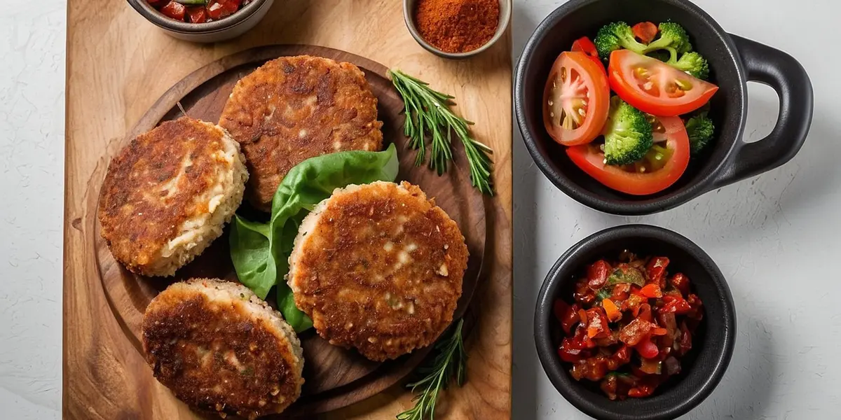 złociste kotlety mielone, sałatka z pomidorów i brokuła