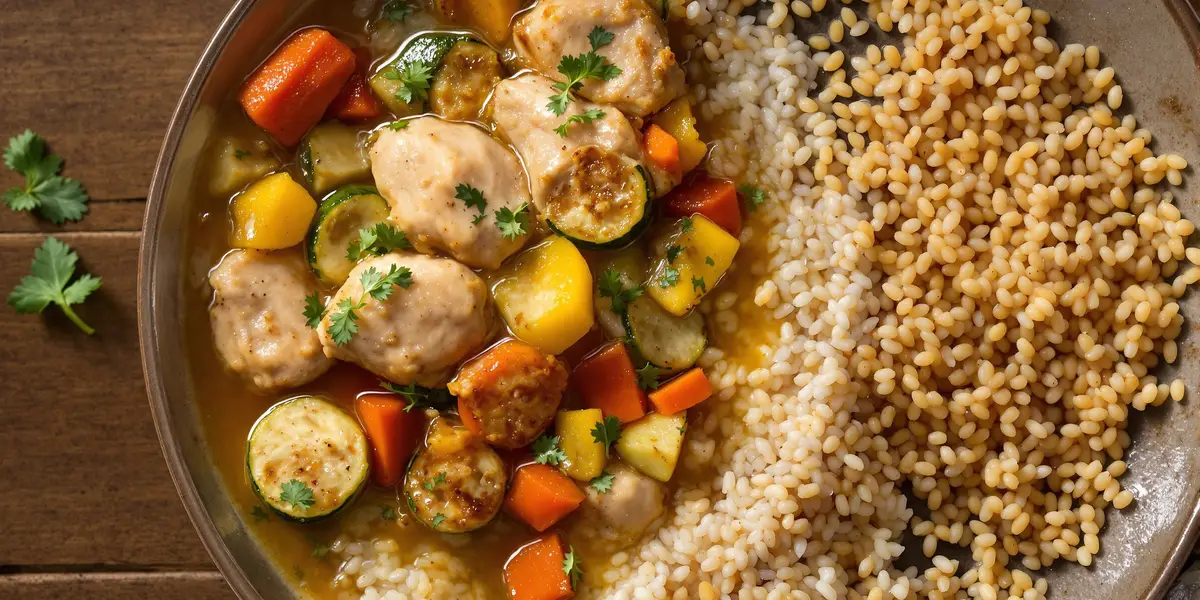 kurczak duszony z warzywami i kaszą bulgur
