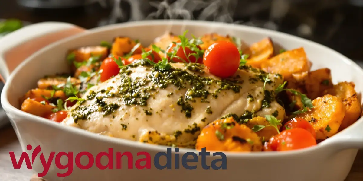 mięso z kurczaka zapiekane z pesto, pomidorkami i batatem