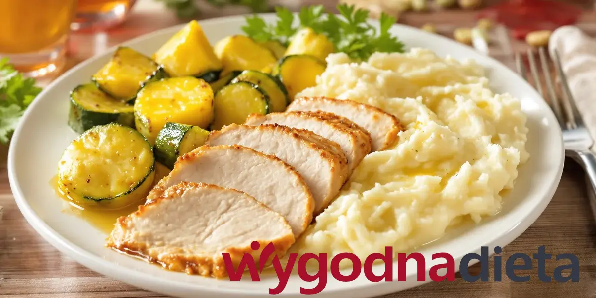 puree z ziemniaków, grillowany filet z kurczaka i cukinia