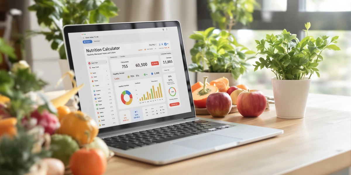 laptop z otwartym kalkulatorem pomagającym liczyć kalorie i właściwości odżywcze