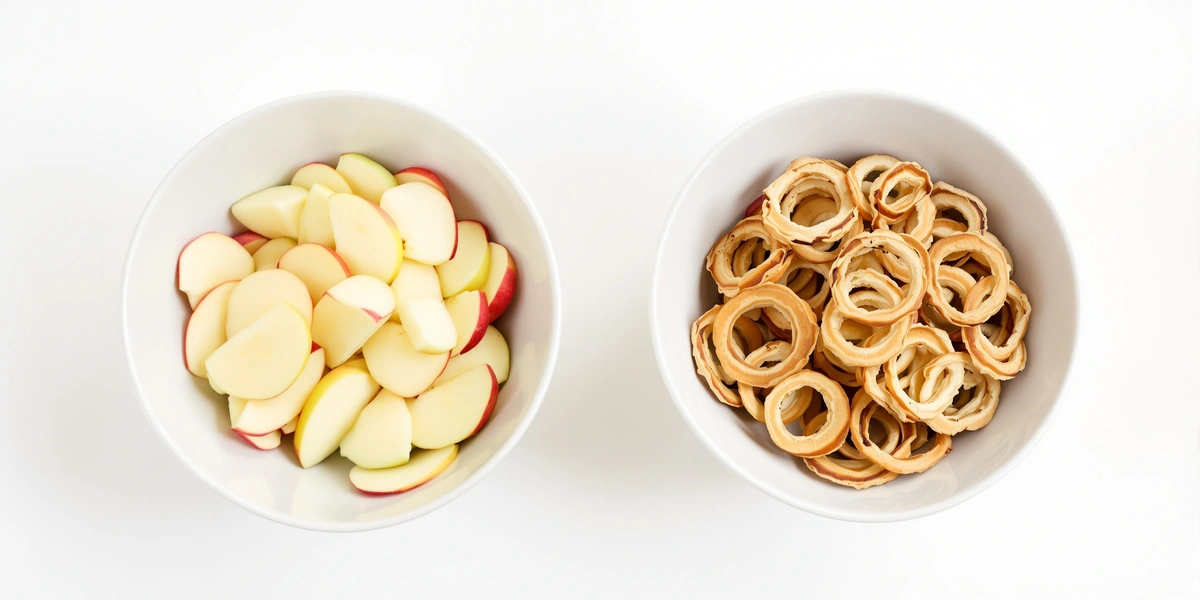 pokrojone jabłka z lewej, z prawej krążki suszone z jabłek