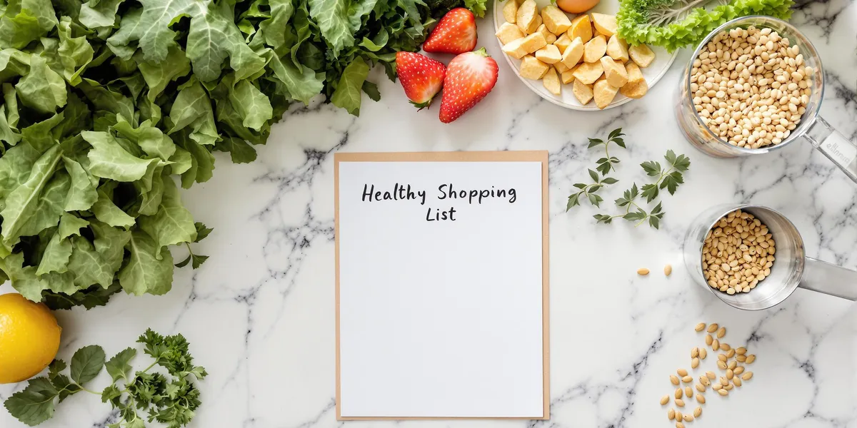 Pusta lista z napisem „Healthy Shopping List”, obok zdrowe produkty