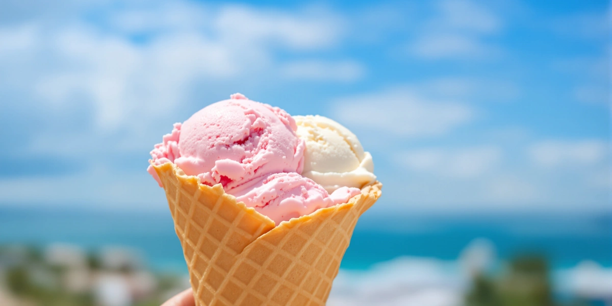 Lody w rożku na tle morza