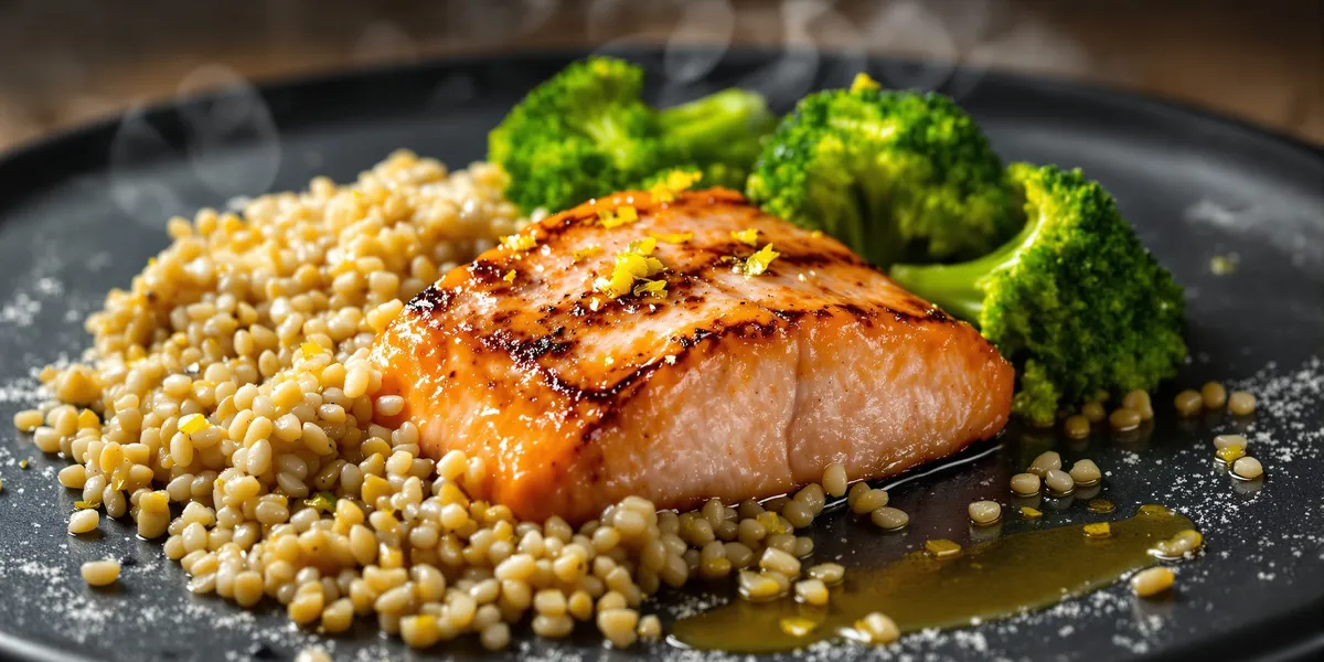 grillowany łosoś z komosą ryżową i brokułami