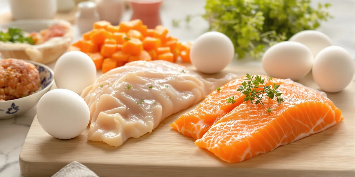 Łosoś, kurczak i jajka na desce