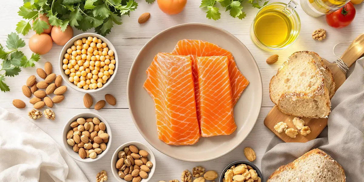 Łosoś, orzechy, warzywa, oliwa z oliwek