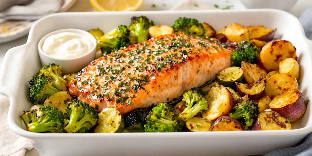 pieczony w piekarniku łosoś z brokułami i sosem jogurtowo-cytrynowym