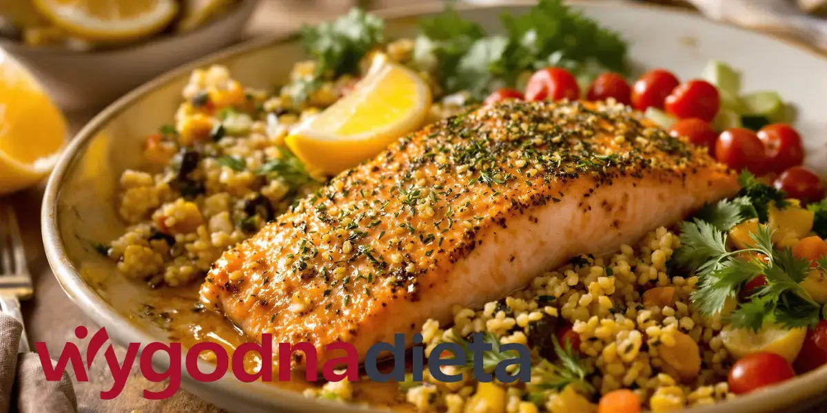 łosoś pieczony z ziołami z kaszą gryczaną i warzywami