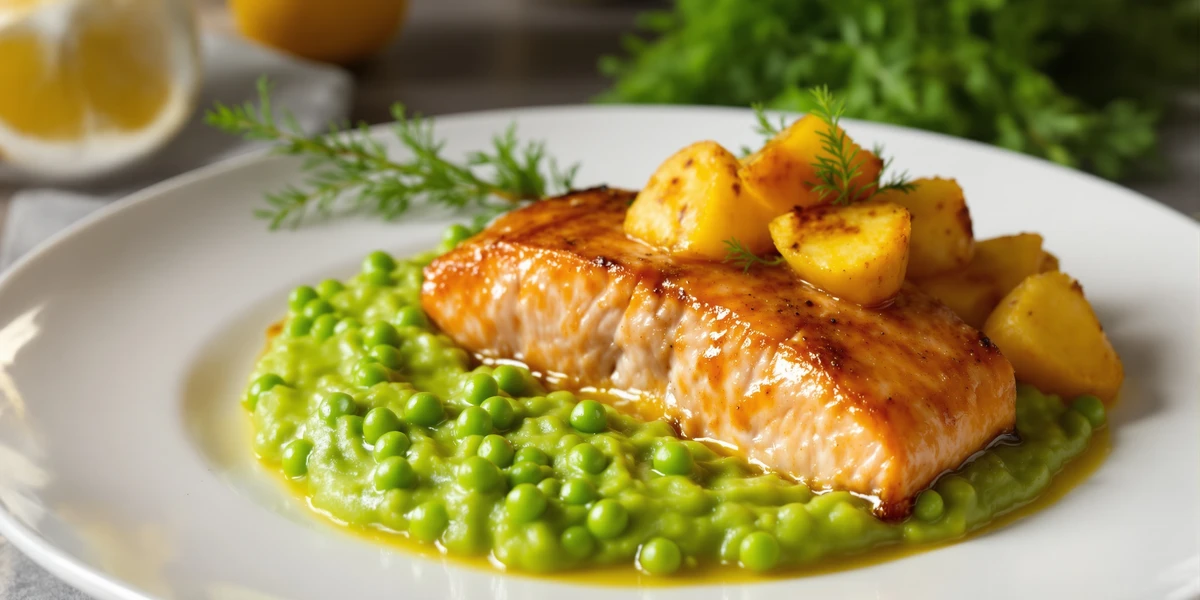 Łosoś z purée z groszku i ziemniakami