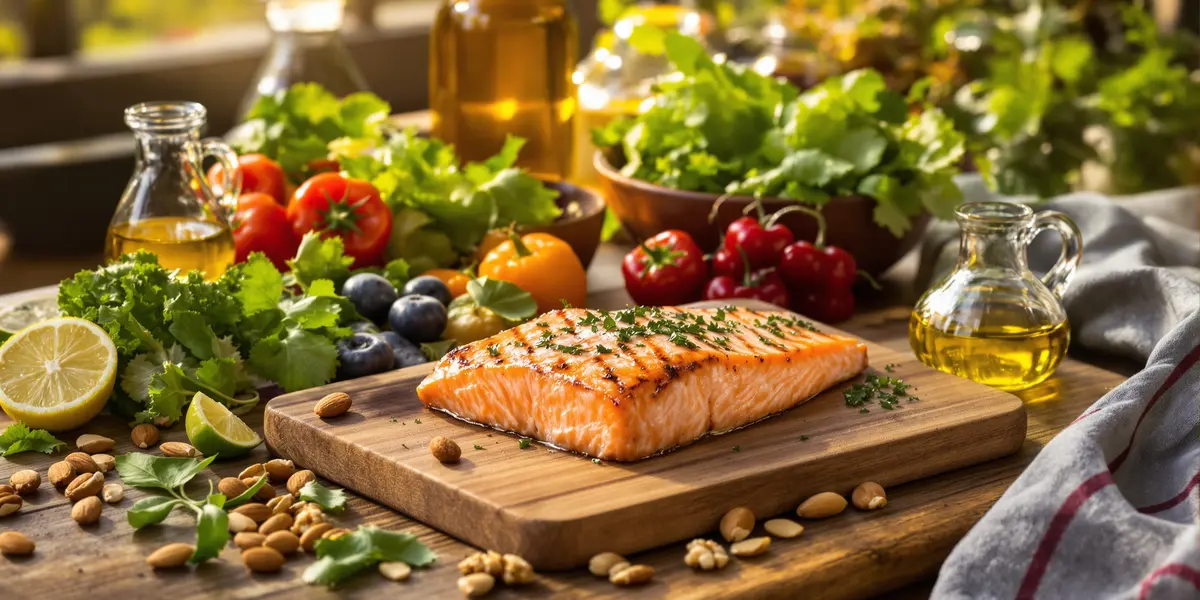 Łosoś z warzywami i orzechami