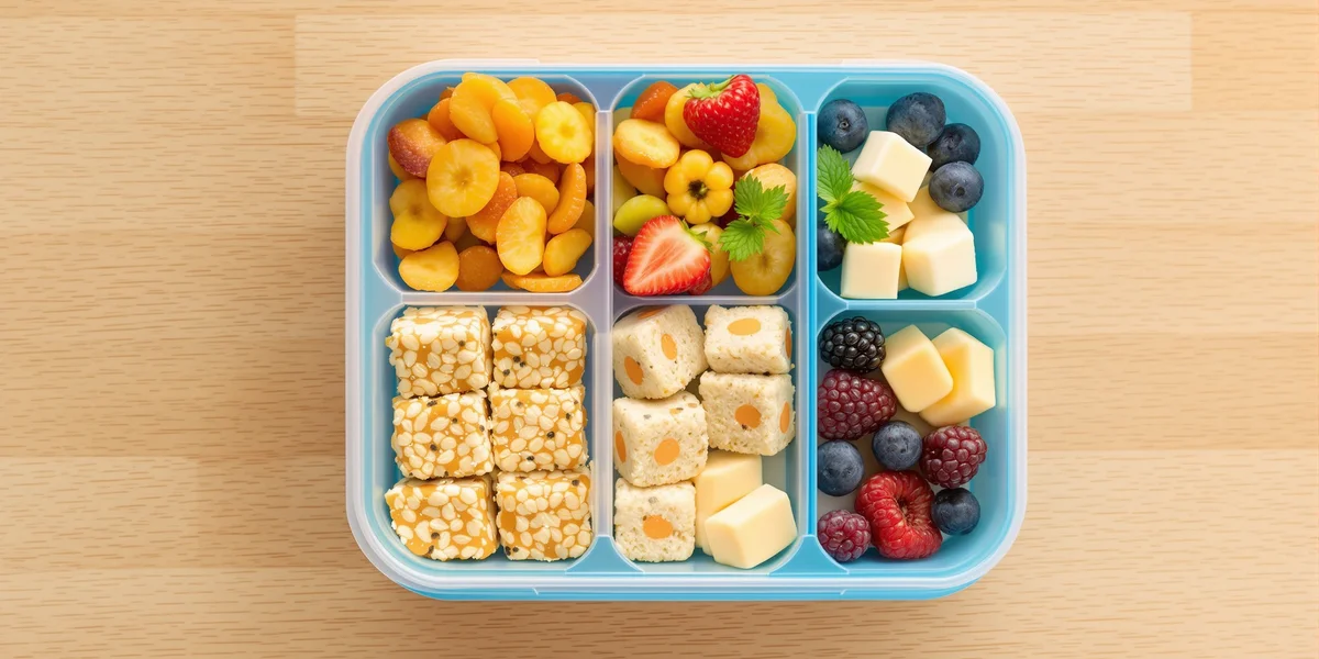 Lunchbox z owocami, serem i przekąskami