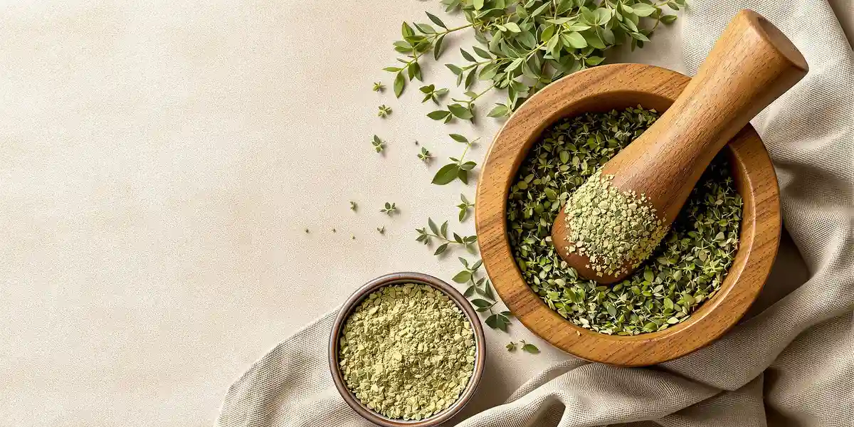 suszony majeranek w moździerzu