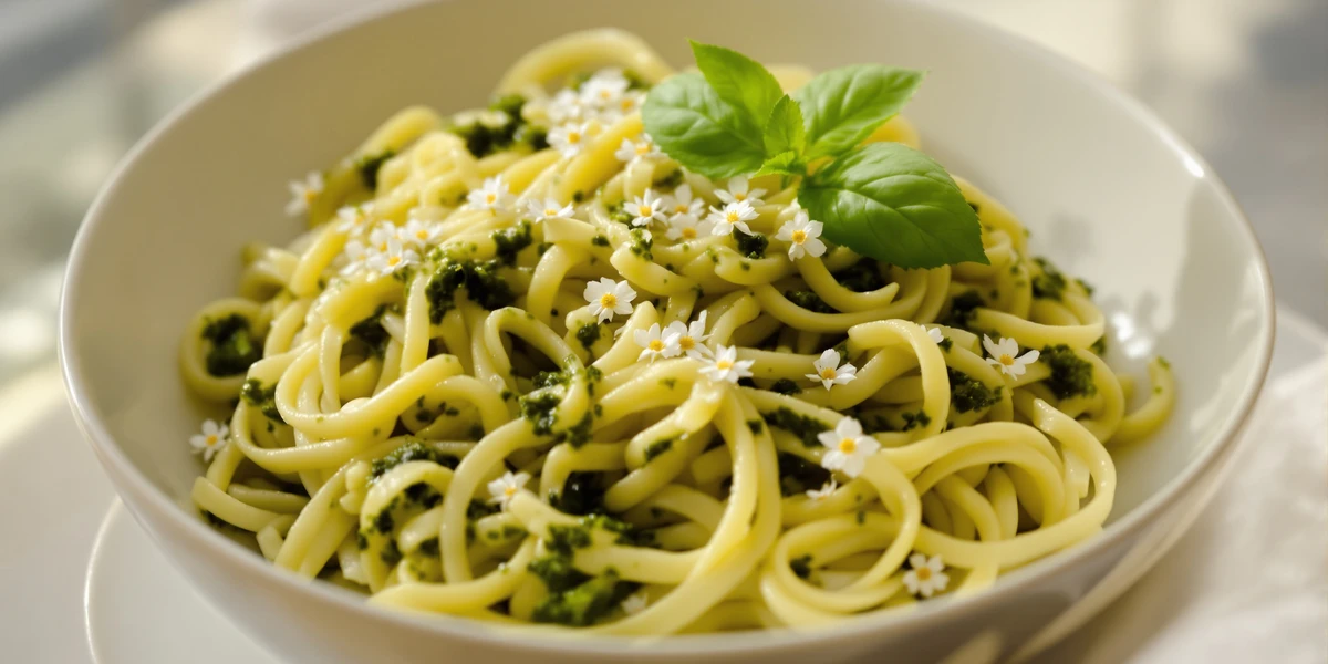 spaghetti ozdobione bazylią