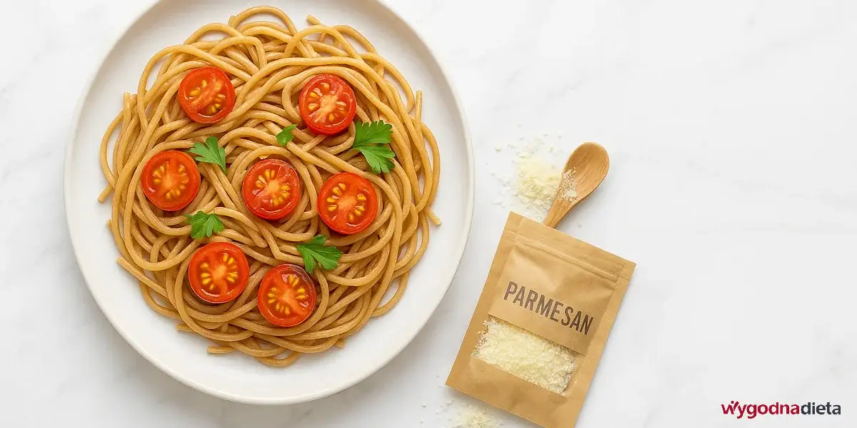 makaron pełnoziarnisty z pomidorami posypany parmezanem