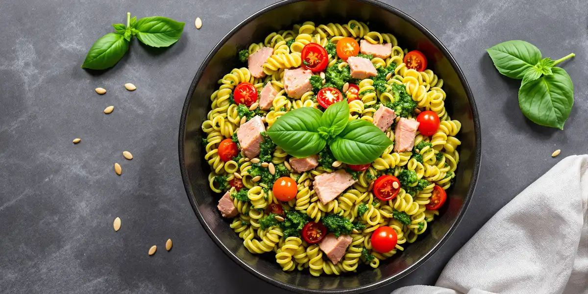 makaron z pesto, tuńczykiem, pomidorkami koktajlowymi i pestkami dyni