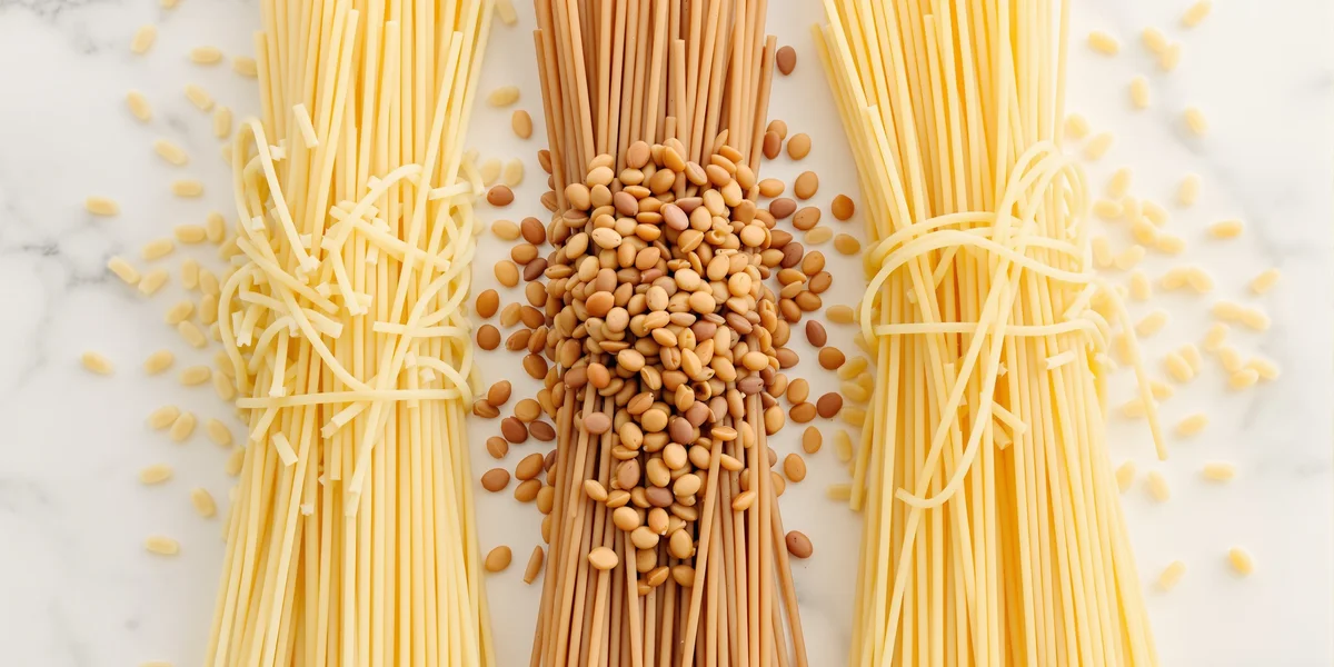 Makaron spaghetti i strączkowe na marmurze