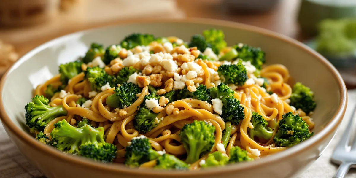 Makaron z brokułami i serem feta