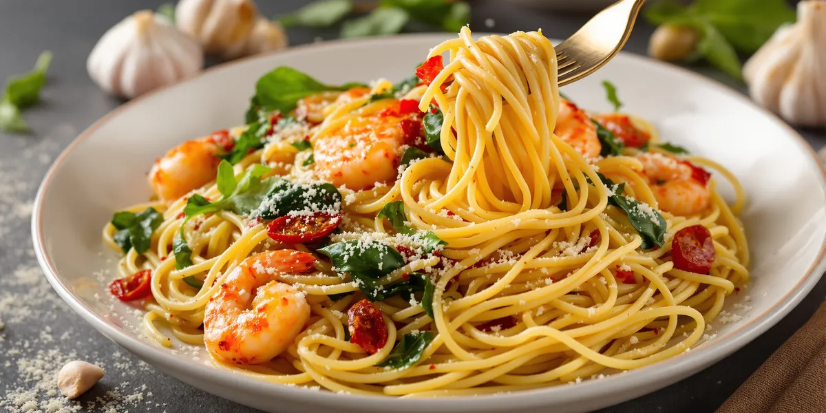 Makaron z krewetkami i szpinakiem