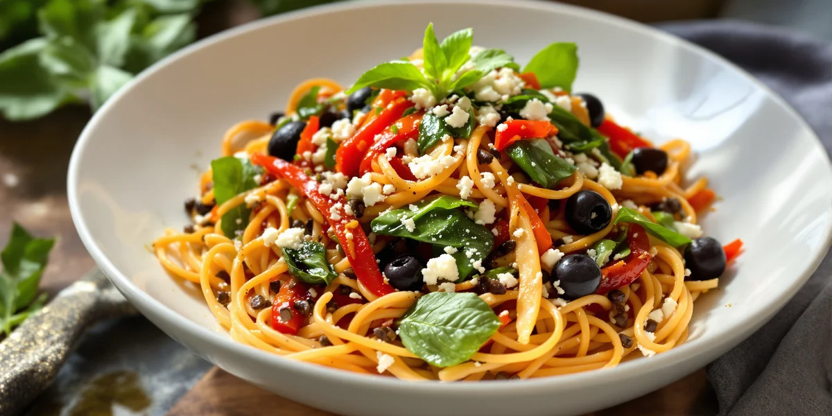 Makaron z papryką, oliwkami i fetą