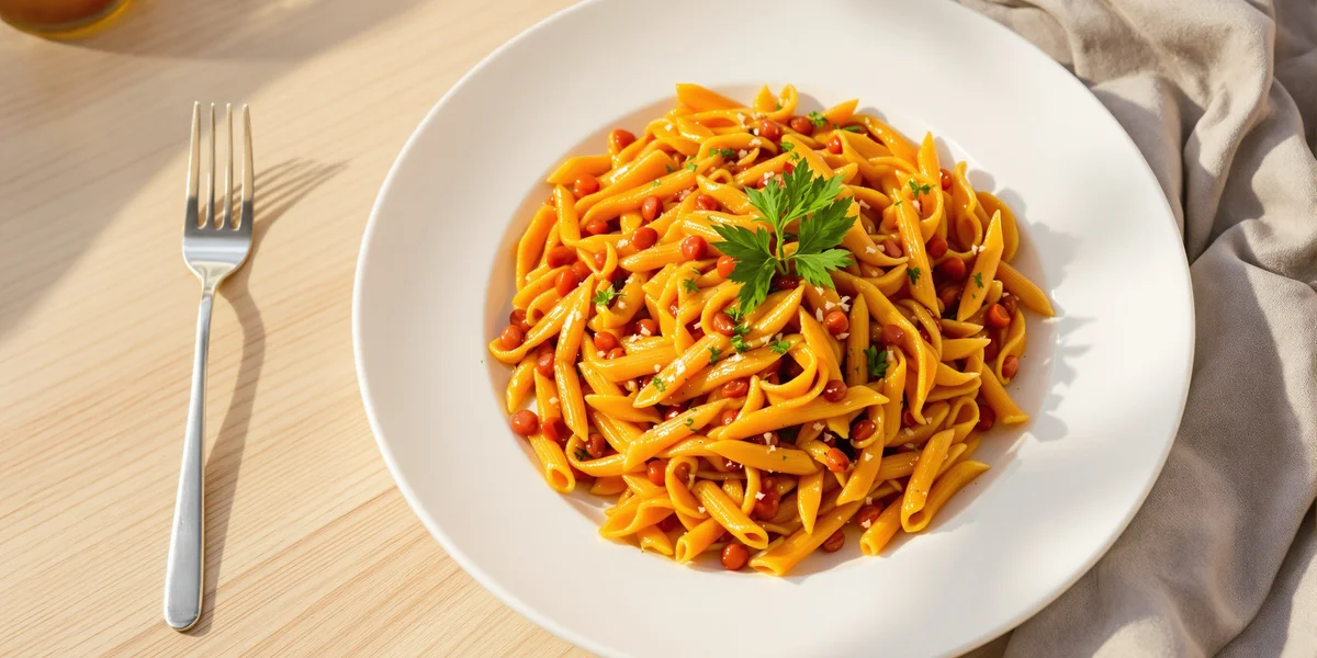 Makaron z soczewicy na białym talerzu