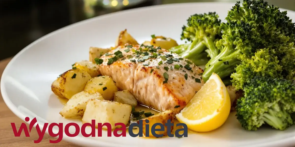 łosoś z pieczonymi ziemniakami i brokułem