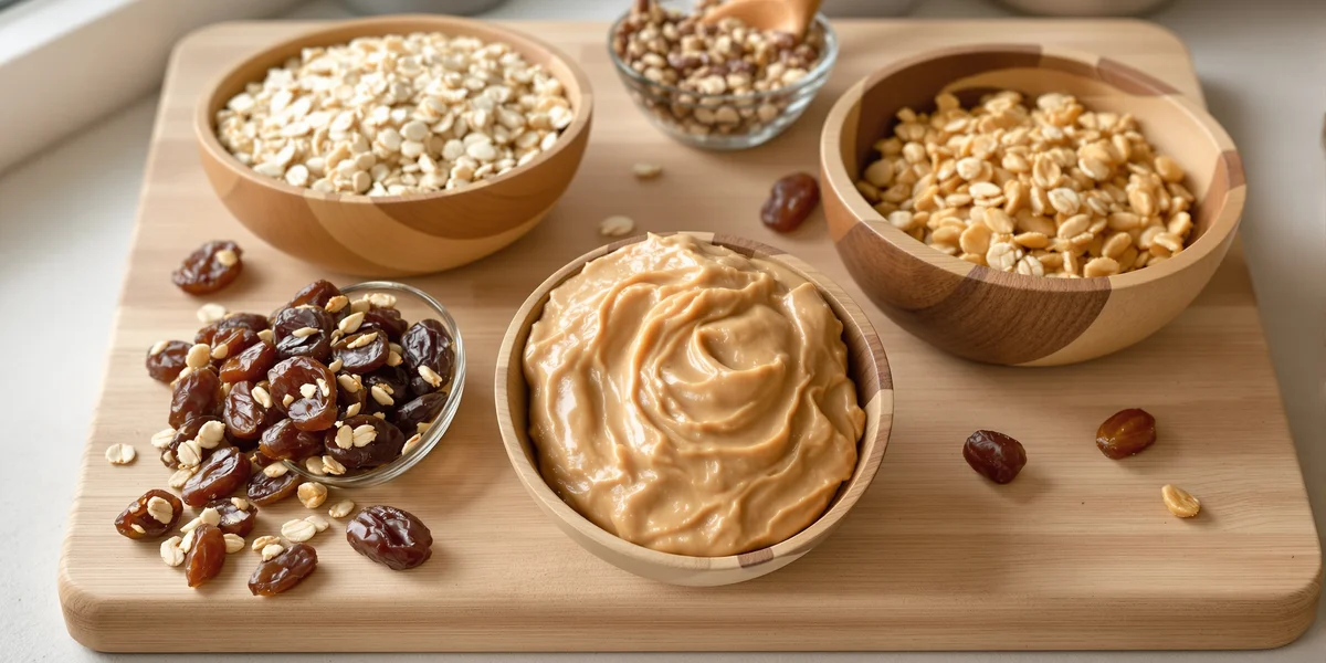 Miseczki z płatkami, masłem orzechowym, daktylami