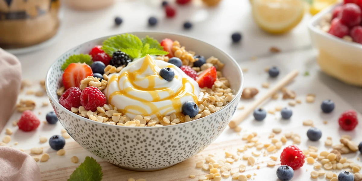 Miska granoli z owocami i śmietaną