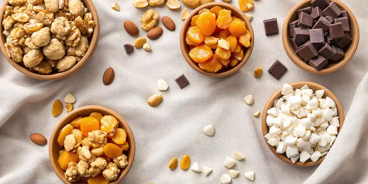 Miski z orzechami, czekoladą i suszonymi owocami