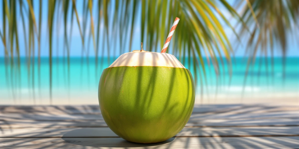 młody, zielony kokos ze słomką na plaży