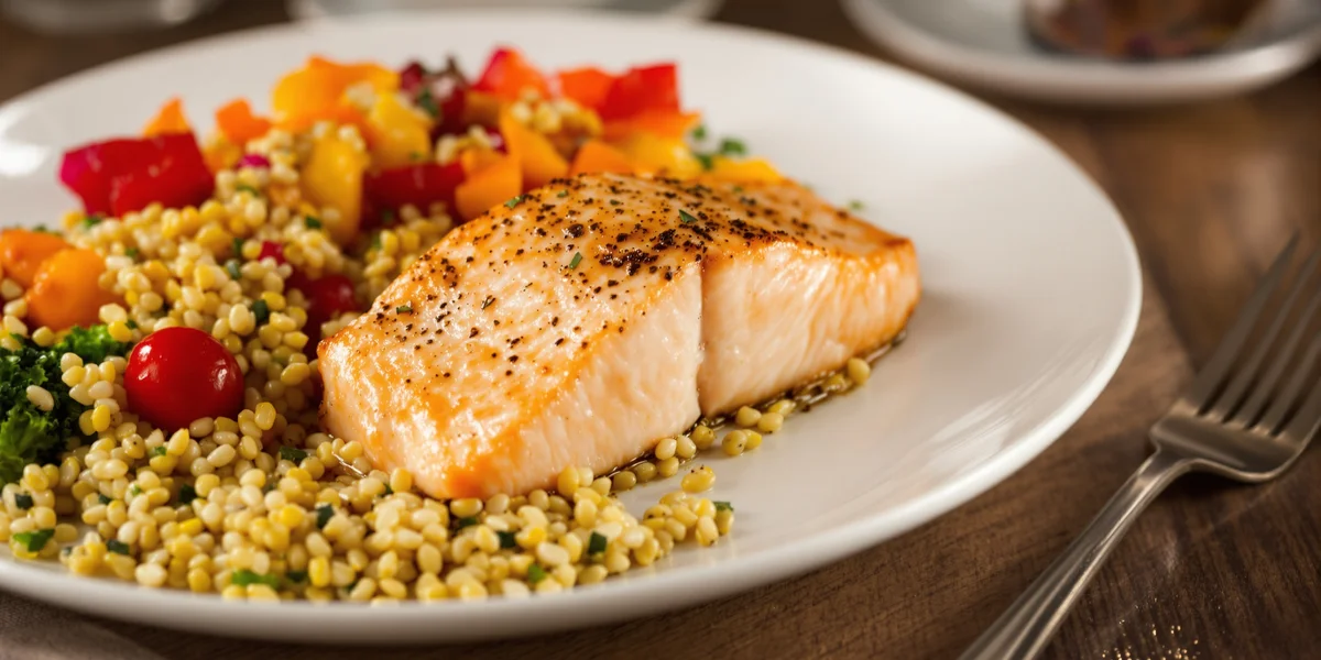 filet z łososia, kasza bulgur oraz pomidorki koktajlowe