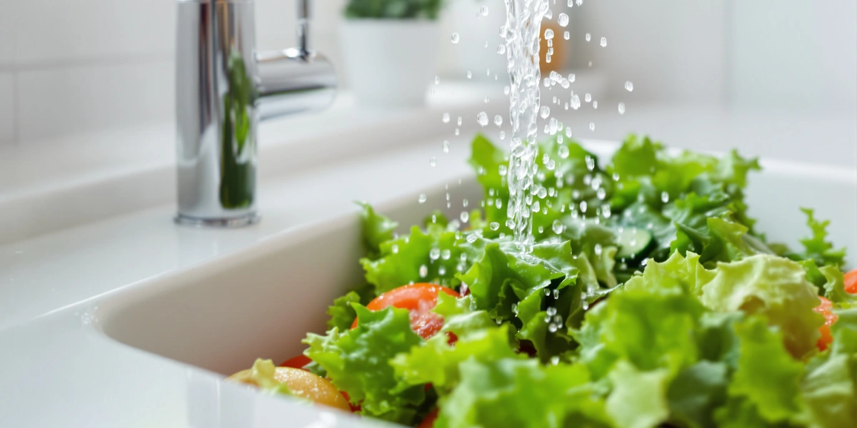 Mycie świeżej sałaty pod bieżącą wodą