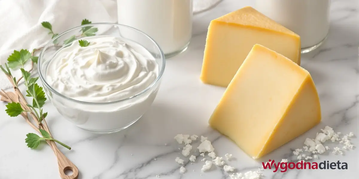 ser żółty w kostce i jogurt w szklanej miseczce