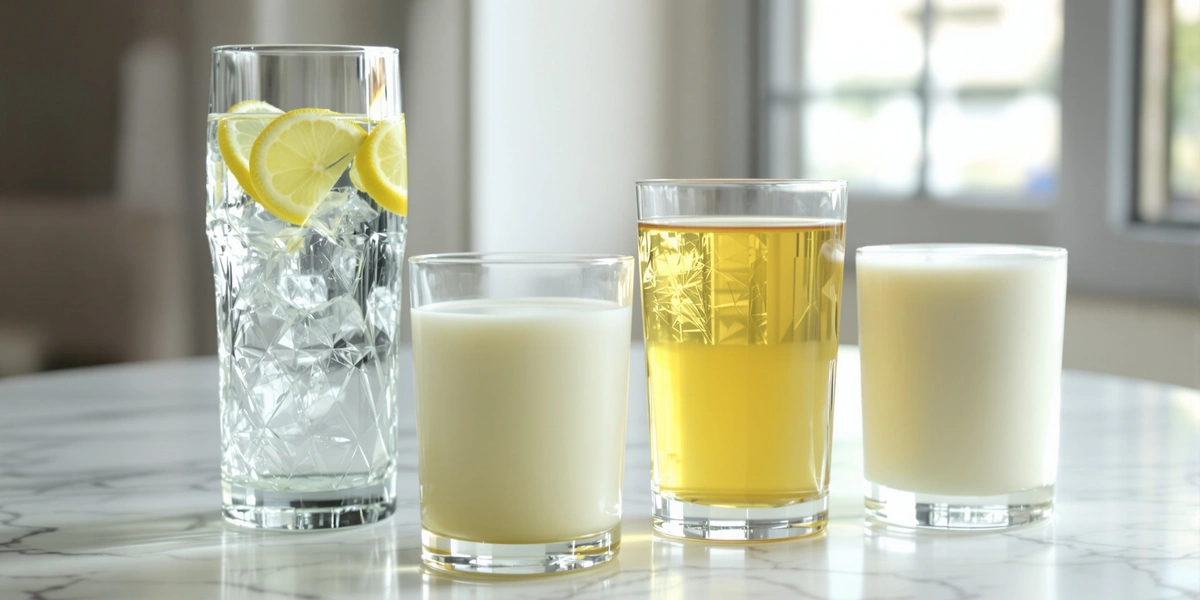 napoje w szklankach: woda niegazowana, herbata i kefir