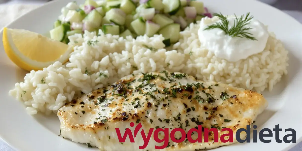 dorsz z ryżem i mizerią z ogórka