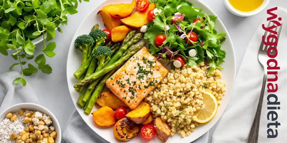 pieczony łosoś z sałatką z jarmużu, brokułów, awokado, która jest skropiona oliwą z oliwek