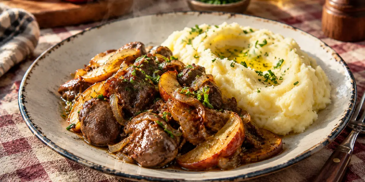 puree ziemniaczane z pieczoną wątróbką z jabłkiem