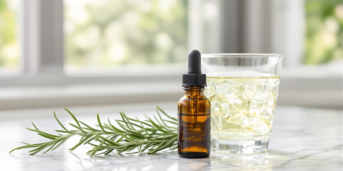 olejek rozmarynowy oraz szklanka z naparem z pokrzywy, skrzypu i szałwii