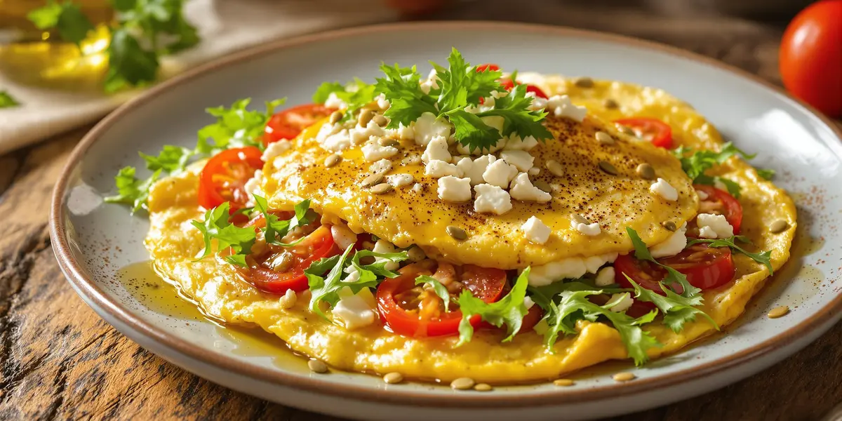 omlet z jaj smażony na oleju rzepakowym z serem fetą, pomidorem, rukolą, pestkami dyni skropiony oliwą z oliwek