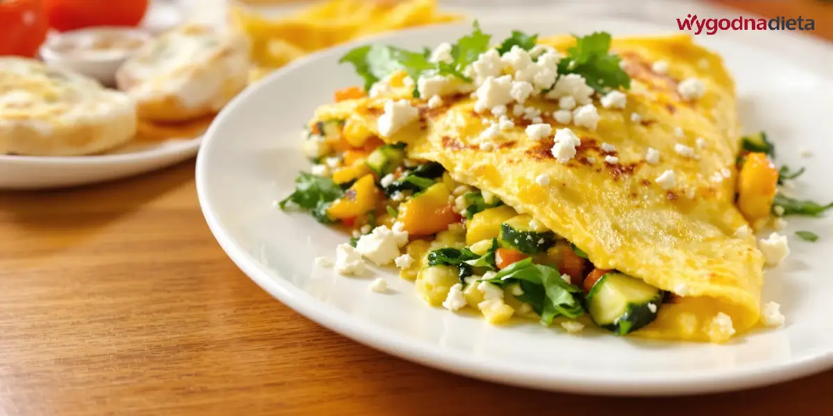 omlet z cukinią, szpinakiem, cebulą i serem feta