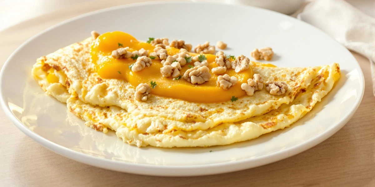 omlet z 2 jaj z dodatkiem mąki orkiszowej, z musem z mango i orzechami włoskimi